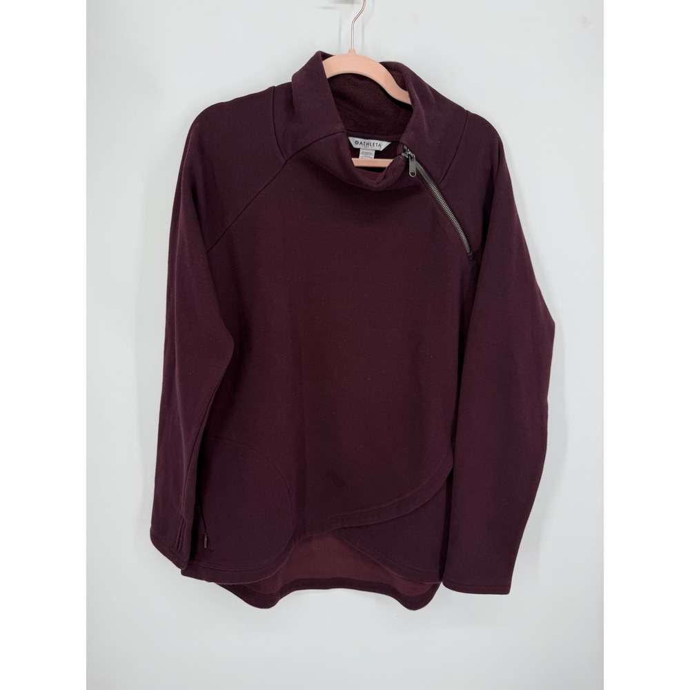 Athleta Cozy Karma Asym Pullover Women Large Burgundy Tulip Hem Zip Fleece Gorp